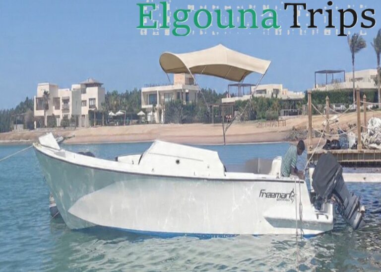 Freeman luxury boat docked in the lagoon for the Ultimate Luxury Private Speed Boat El Gouna VIP Sea Trip.