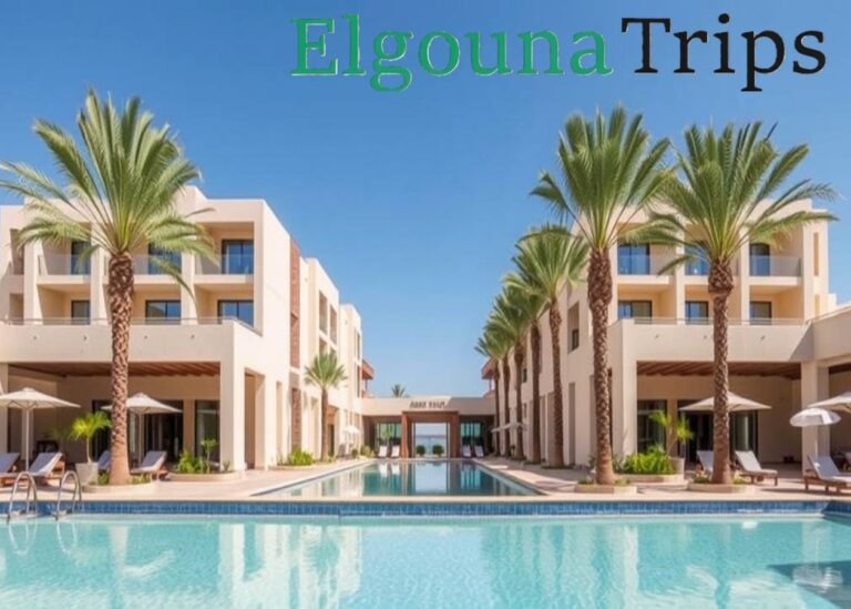 Exterior of the modern Creek Hotel & Residences El Gouna by the pool with palm trees, as seen on elgouantrips.