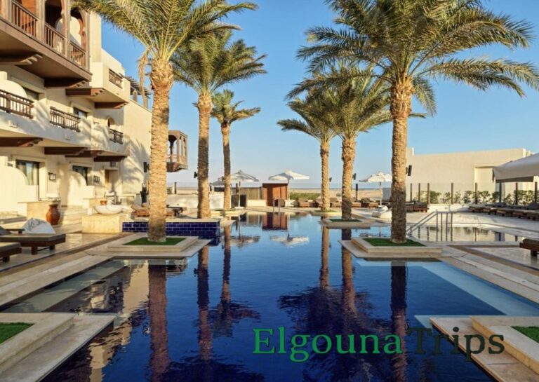 Panoramic view of Ancient Sands Golf Resort & Residences sitting on a hilltop over lagoons in El Gouna Egypt