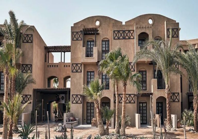 Exterior view of Cook’s Club El Gouna hotel resort building with palm trees.